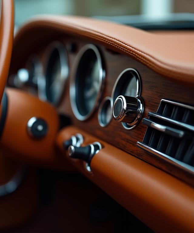 A close-up detail shot of the handcrafted leather stitching and polished wood on a classic car's dashboard, highlighting luxury.