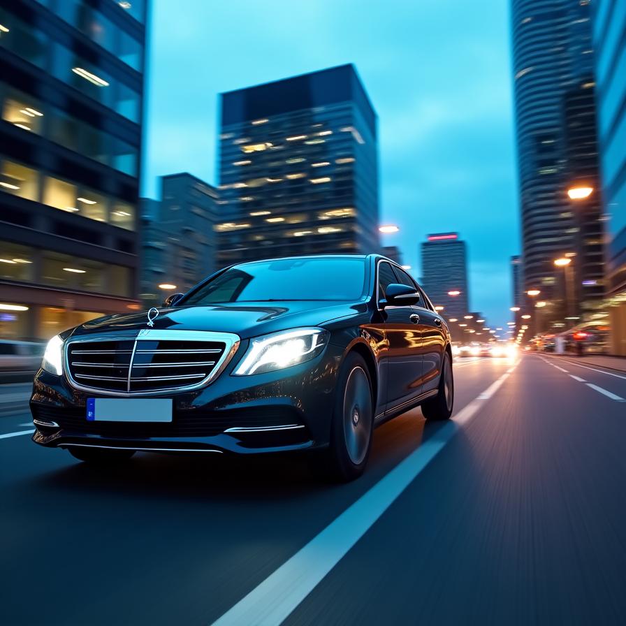 An executive sedan driving through Dublin's modern business district at dusk, symbolizing corporate travel.