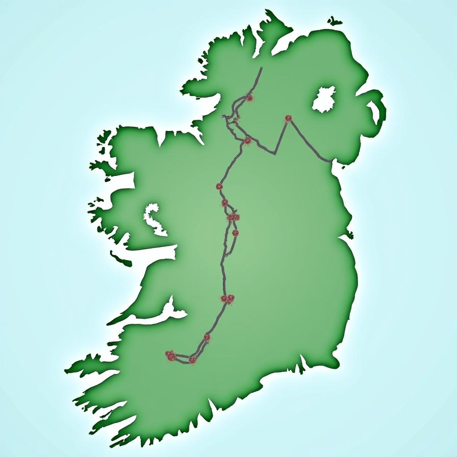 An elegantly designed, stylized map of Ireland showing a scenic driving route for touring.