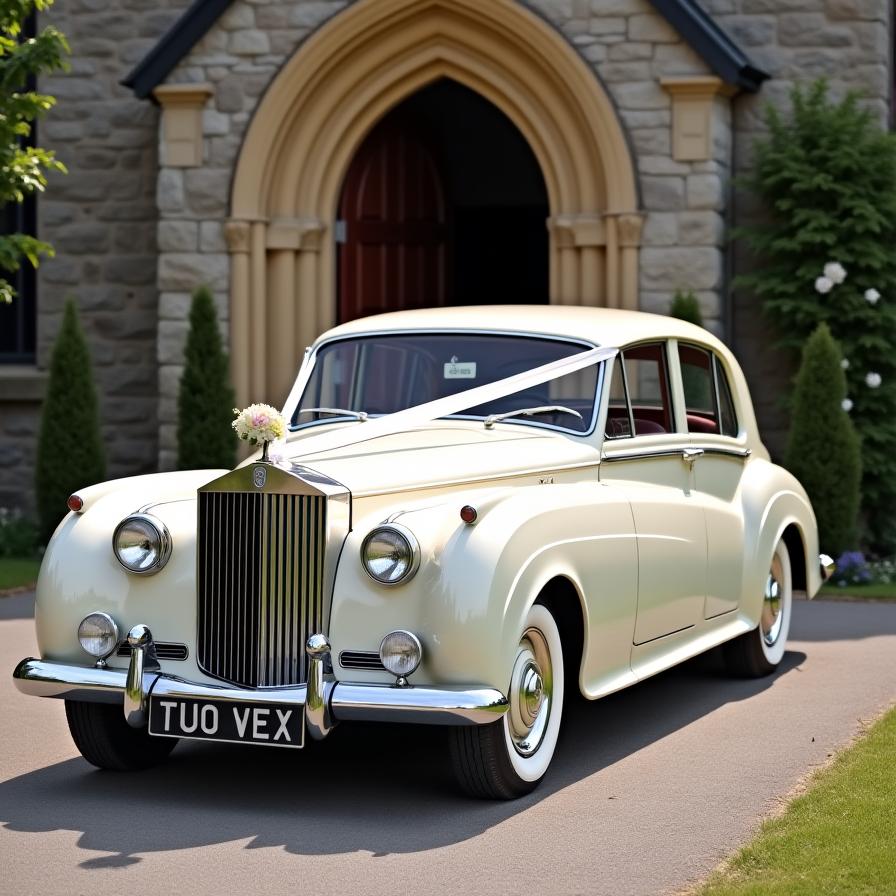 A classic white car adorned with wedding ribbons parked outside a church on a joyous day.
