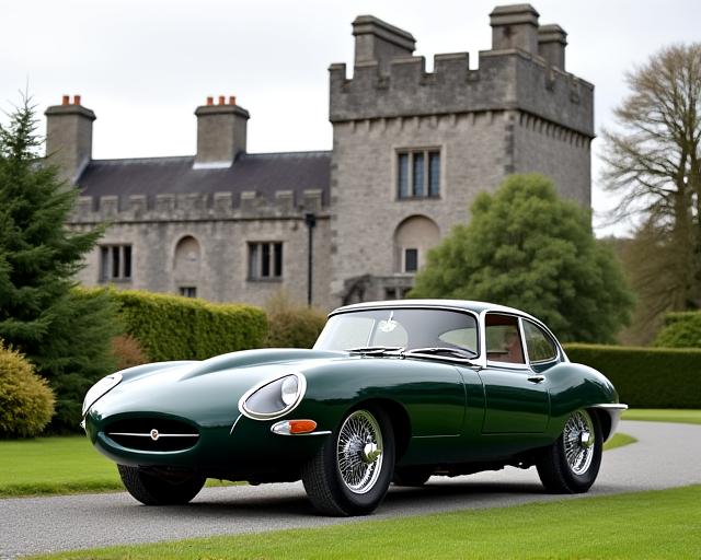 A pristine, vintage British racing green Jaguar E-Type in front of an old Irish castle.