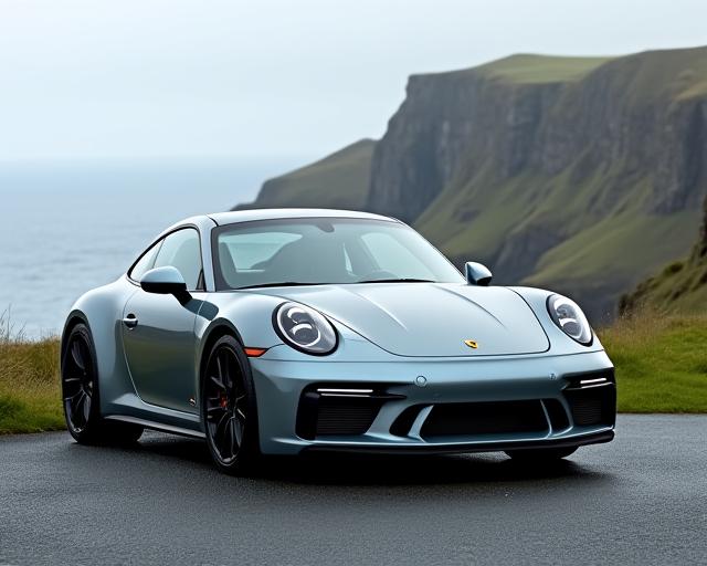 A sleek, modern grey Porsche 911 parked with a dramatic Irish cliffside in the background.