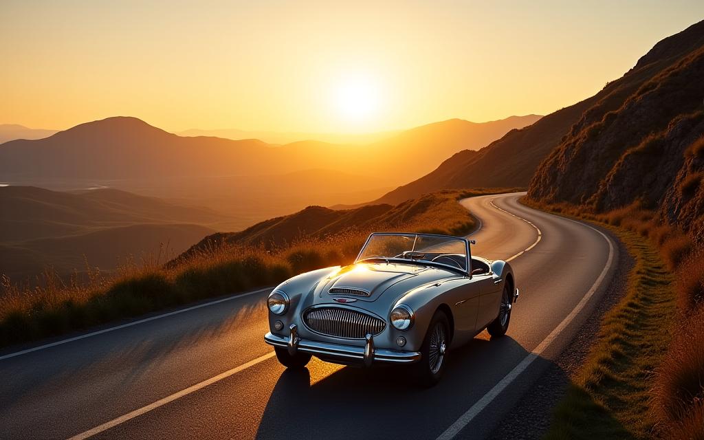 A classic silver convertible driving along a winding road through the Connemara mountains at sunset.